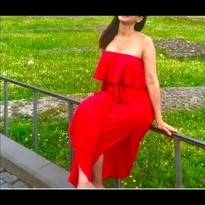 Red strapless Jumpsuit or Swimsuit cover up.